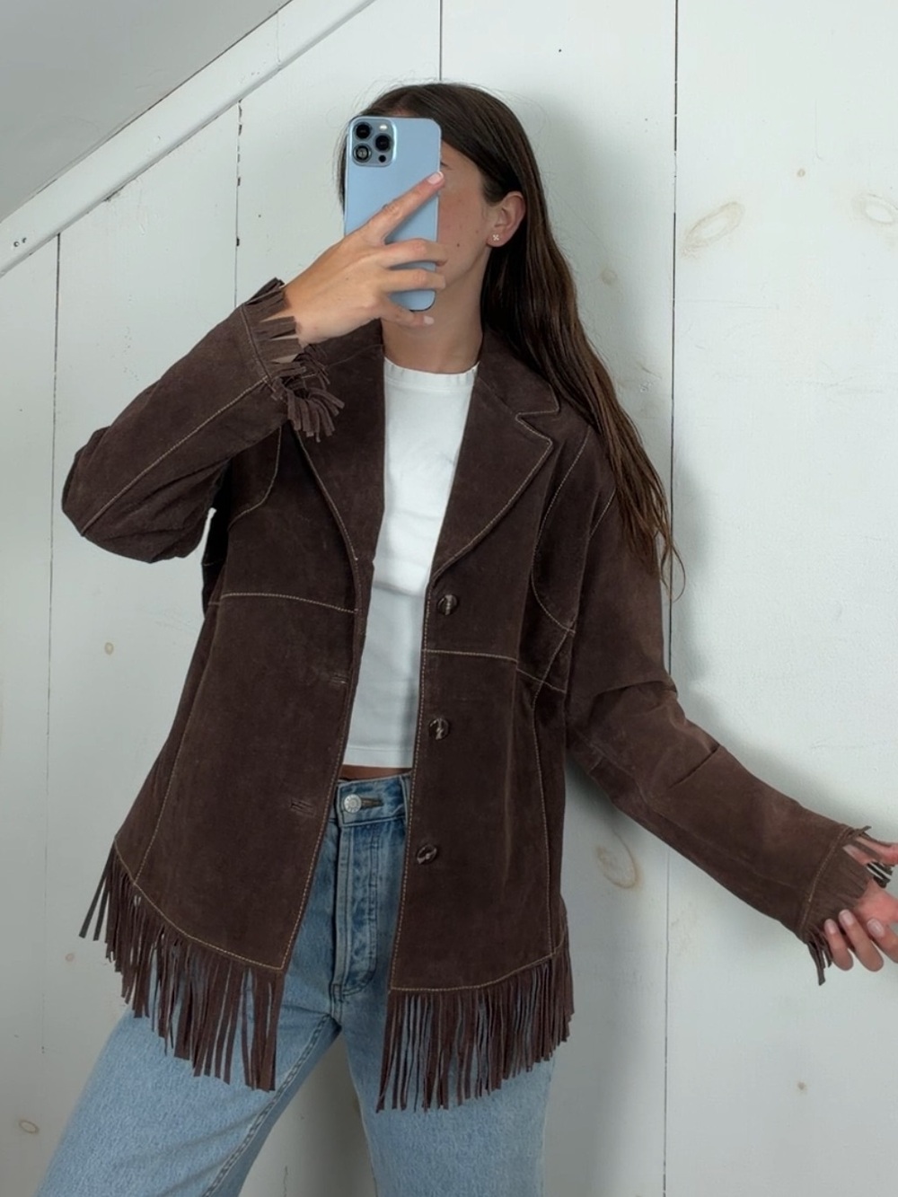 Vintage Outbrook Brown Suede Leather Western Fringe Trim Jacket Women’s Large